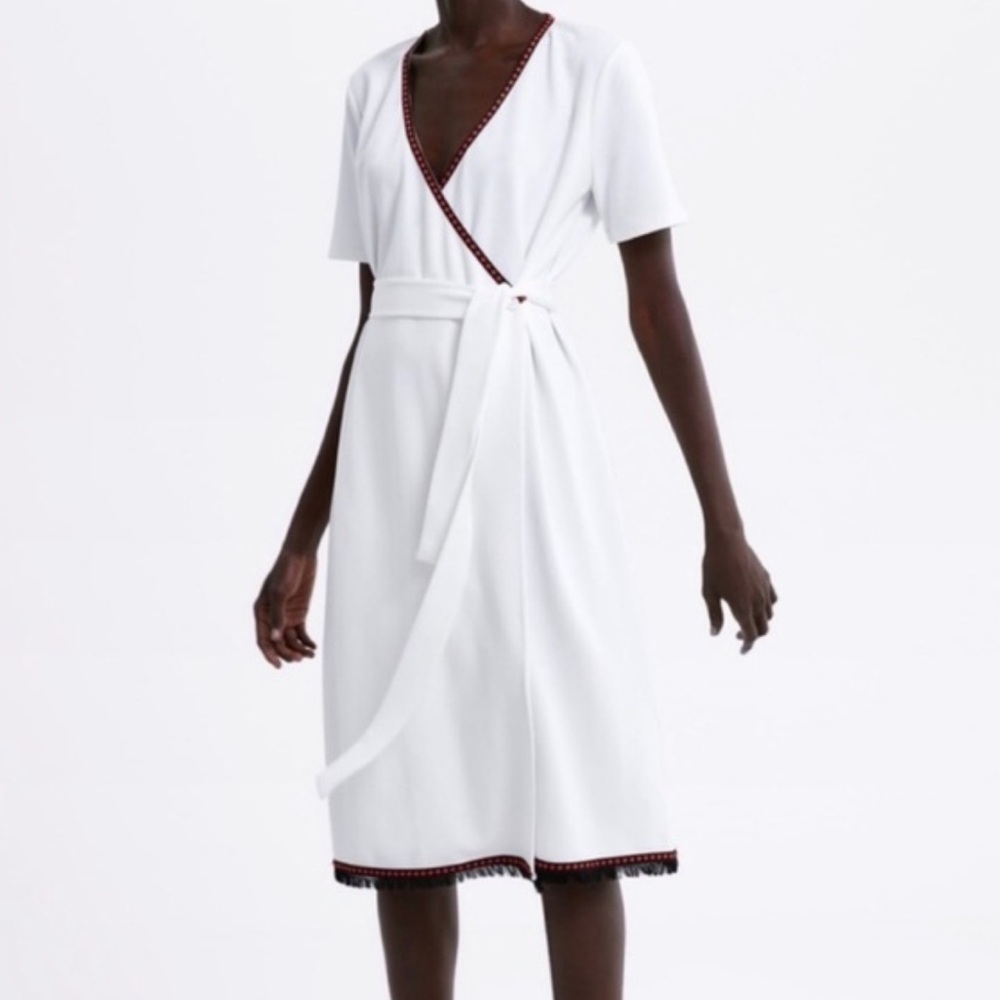 Zara White wrap dress with Red Trim